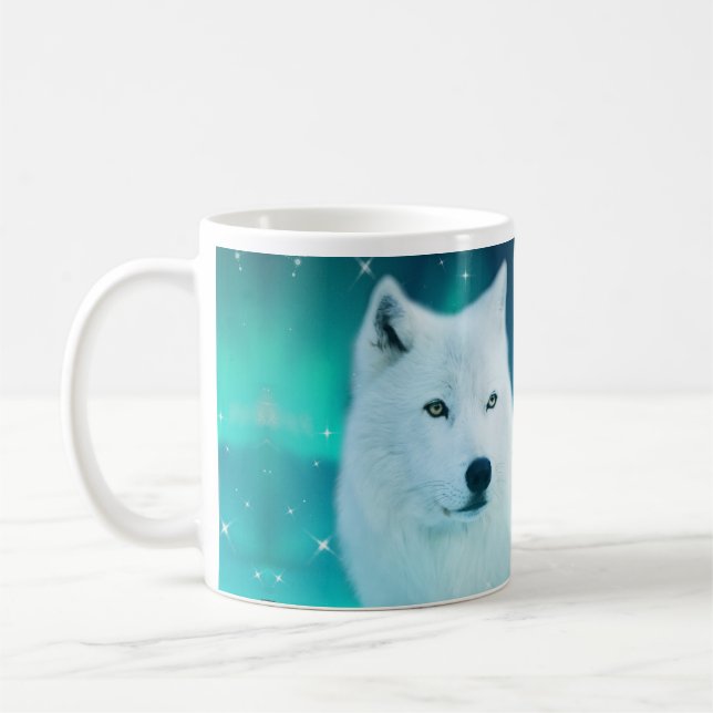 Arctic wolf and magical night with northern lights coffee mug (Left)