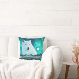 Arctic wolf and magical night with northern lights cushion