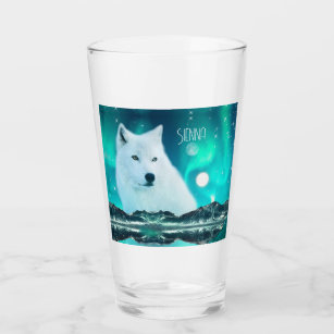 Arctic wolf and magical night with northern lights glass
