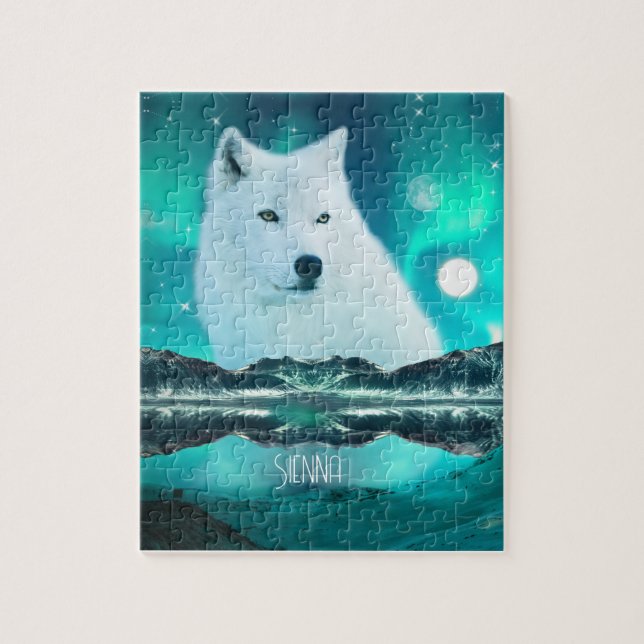 Arctic wolf and magical night with northern lights jigsaw puzzle (Vertical)