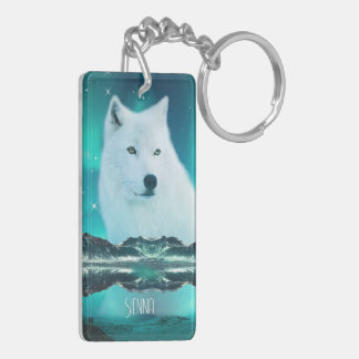 Arctic wolf and magical night with northern lights key ring