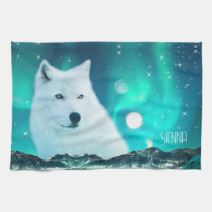 Arctic wolf and magical night with northern lights tea towel