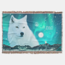 Arctic wolf and magical night with northern lights