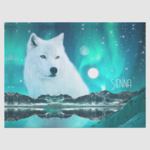 Arctic wolf and magical night with northern lights tissue paper