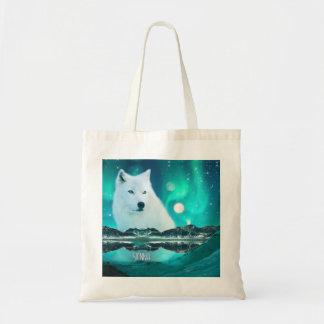 Arctic wolf and magical night with northern lights tote bag