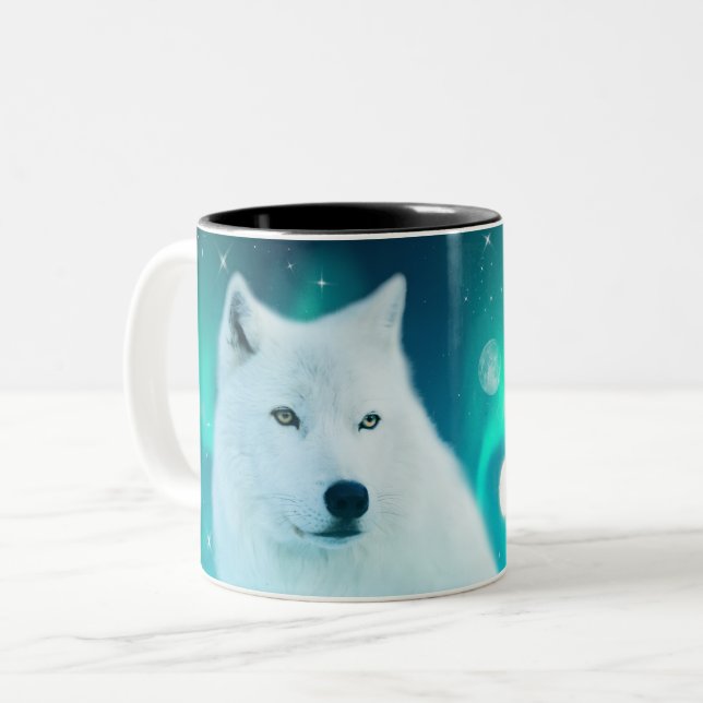 Arctic wolf and magical night with northern lights Two-Tone coffee mug (Front Left)