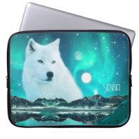 Arctic wolf at night with northern lights 