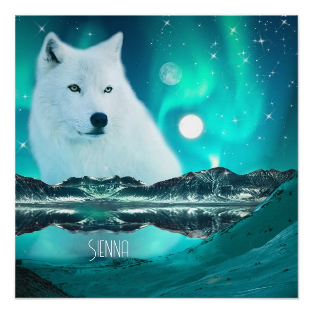 Arctic wolf at night with northern lights poster (Front)