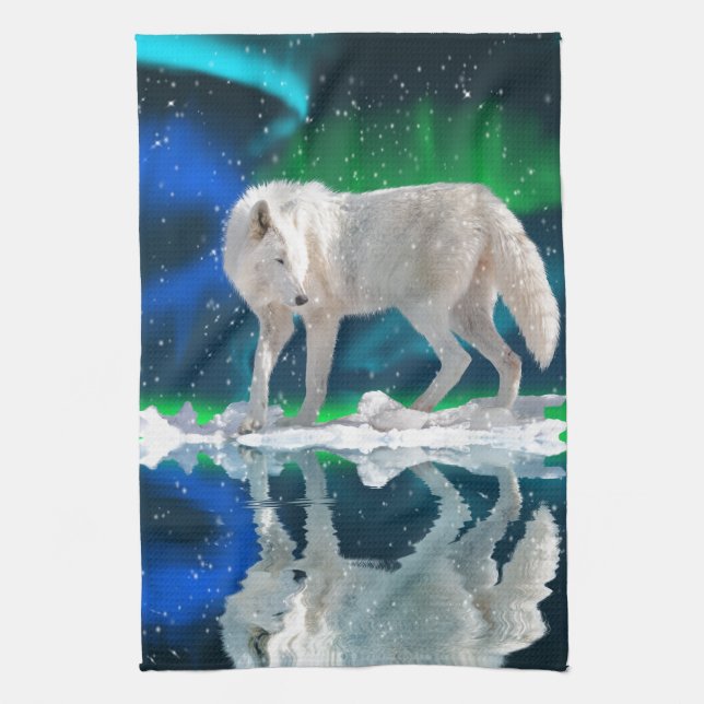 Arctic Wolf, Aurora & Falling Snow Wildlife Art Tea Towel (Vertical)