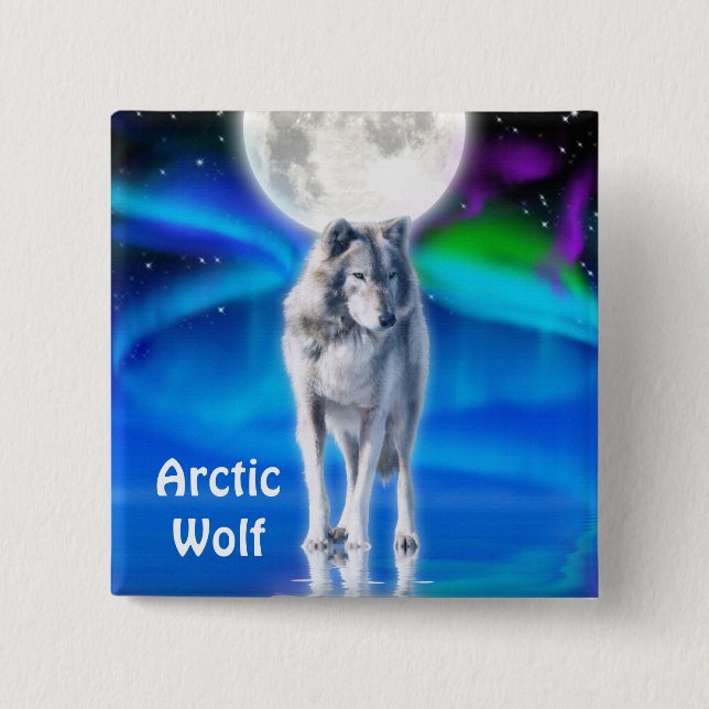 Arctic Wolf, Moon & Aurora Wildlife Button (Front)
