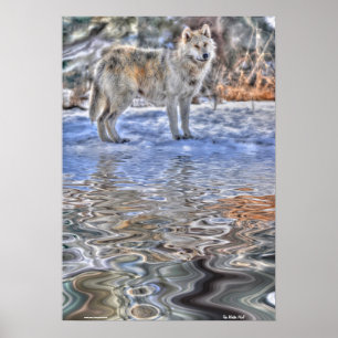Arctic Wolf, Snow & Lake Wildlife Art Poster