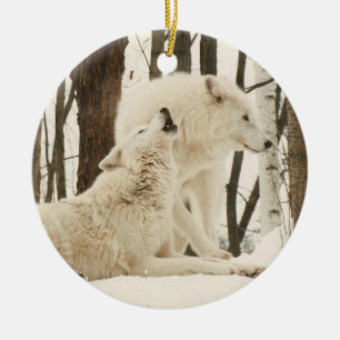 Arctic Wolves in Winter Ceramic Tree Decoration