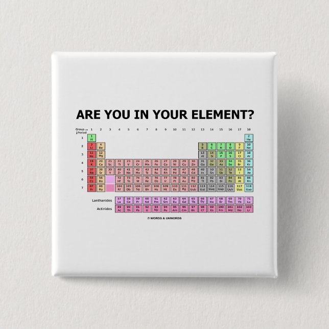 Are You In Your Element? (Periodic Table Humour) 15 Cm Square Badge (Front)