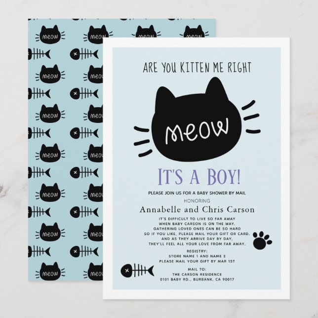 Are You Kitten Me Blue Boy Baby Shower by Mail Invitation (Front/Back)