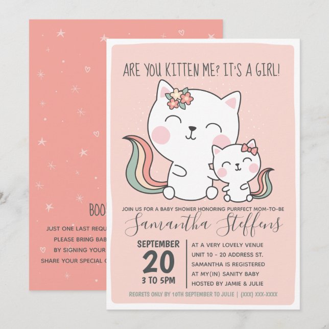 Are You Kitten Me Cute Pink Cat Girl Baby Shower Invitation (Front/Back)