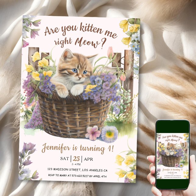 Are You Kitten Me Floral Pink Cat 1st Birthday Invitation (Creator Uploaded)