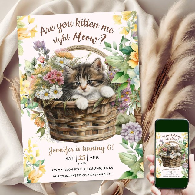 Are You Kitten Me Meow | Cat Girl 6th Birthday  Invitation (Creator Uploaded)