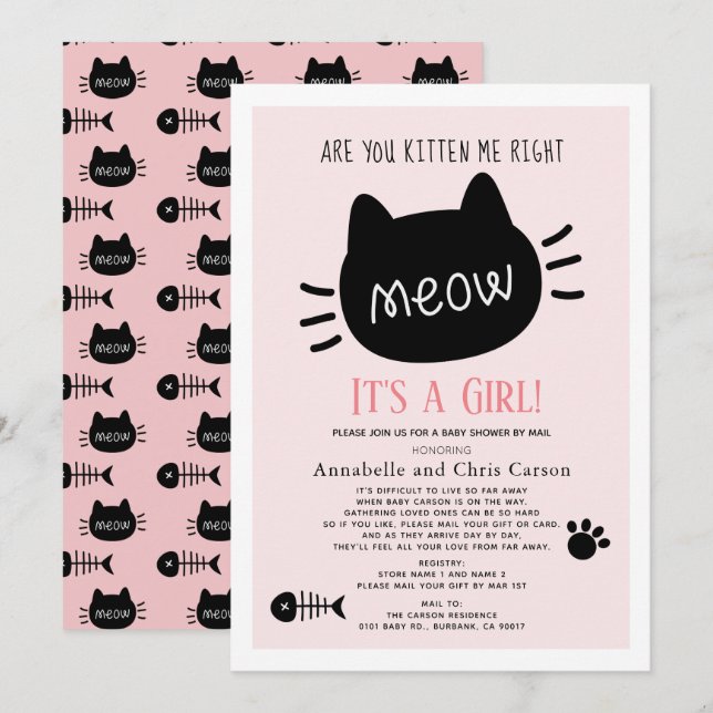 Are You Kitten Me Pink Girl Baby Shower by Mail Invitation (Front/Back)
