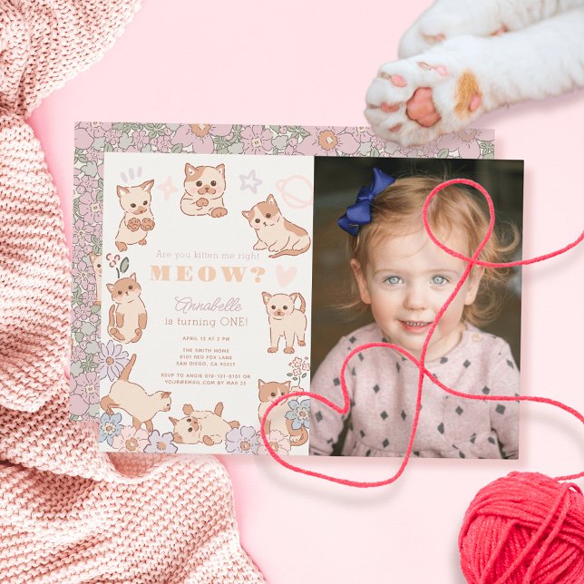 Are You Kitten Me Right Meow 1st Birthday Photo Invitation (Creator Uploaded)