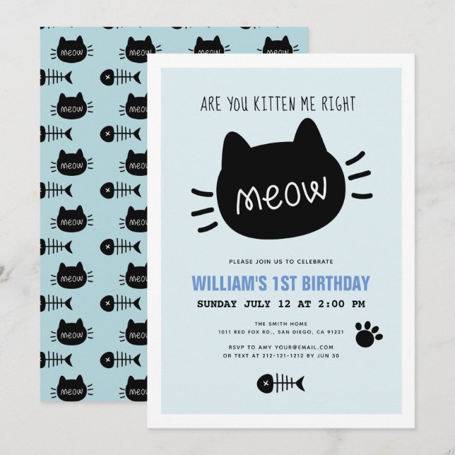 Are You Kitten Me Right Meow Blue BIrthday Invitation (Front/Back)