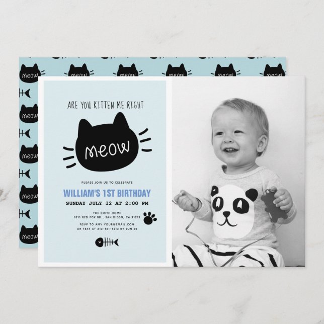 Are You Kitten Me Right Meow Blue BIrthday Photo Invitation (Front/Back)