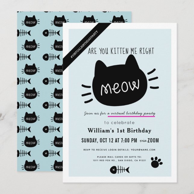 Are You Kitten Me Right Meow Blue Virtual BIrthday Invitation (Front/Back)