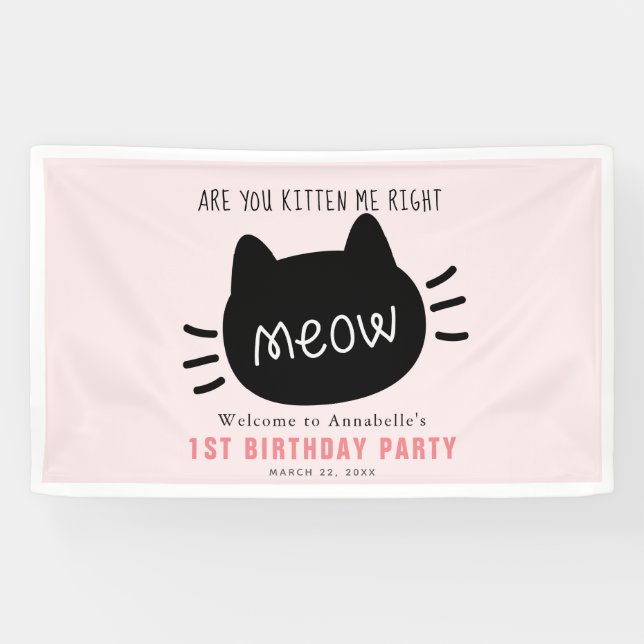 Are You Kitten Me Right Meow Pink BIrthday Banner (Horizontal)