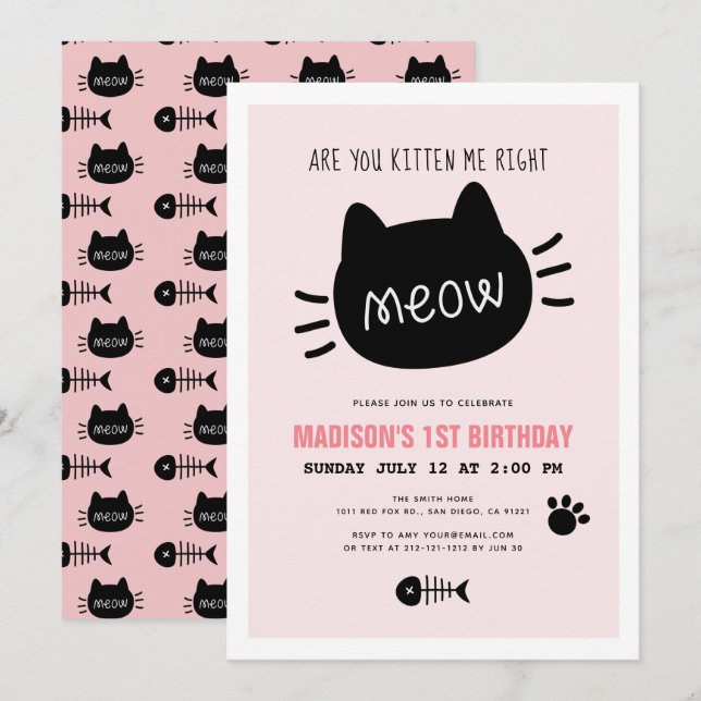 Are You Kitten Me Right Meow Pink BIrthday Invitation (Front/Back)