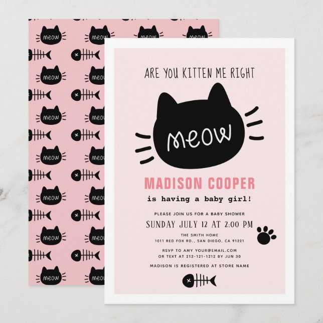 Are You Kitten Me Right Meow Pink Girl Baby Shower Invitation (Front/Back)