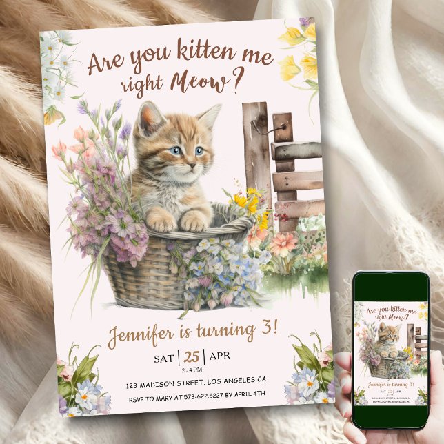 Are You Kitten Me Right Now Girl Cat 3rd Birthday  Invitation (Creator Uploaded)