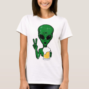 Area-51 Alien Beer Peace Sign Lazy Drinking Hallow T-Shirt