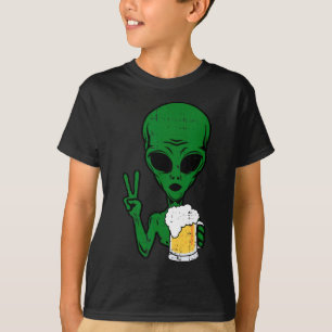 Area-51 Alien Beer Peace Sign Lazy Drinking Hallow T-Shirt