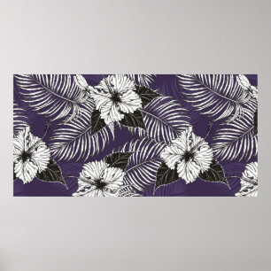 Areca palm and Hibiscus sketch by hand drawing. Pl Poster