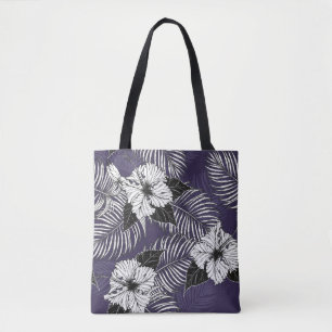 Areca palm, hibiscus sketch: vintage pattern tote bag