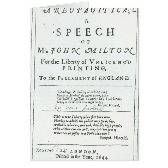Areopagitica'  a speech of John Milton (Front)