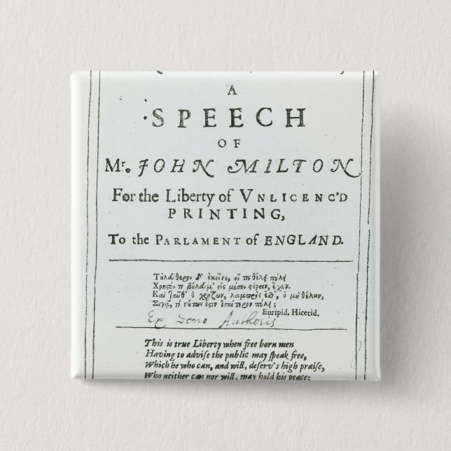 Areopagitica'  a speech of John Milton 15 Cm Square Badge (Front)