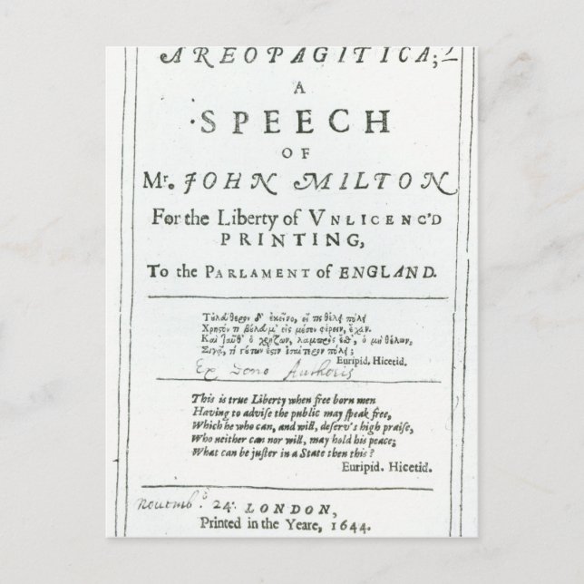 Areopagitica'  a speech of John Milton Postcard (Front)
