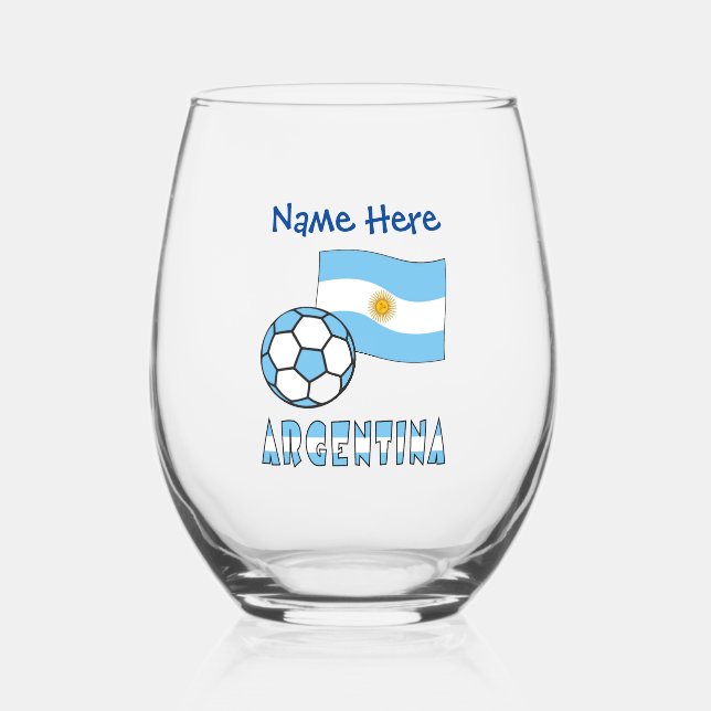 Argentina Flag and Soccer Personalised  Stemless Wine Glass (Front)