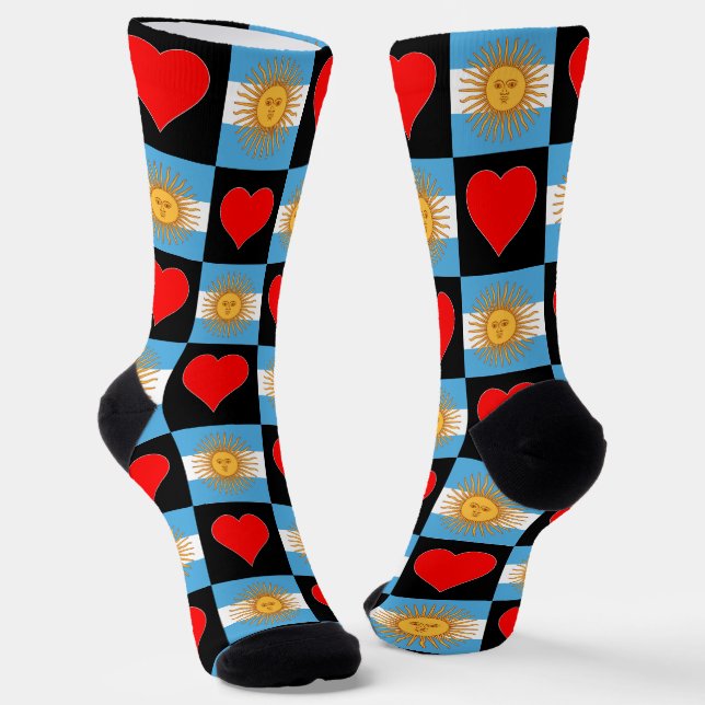 Argentina Flag Heart Pattern Argentine Argentinian Socks (Angled)