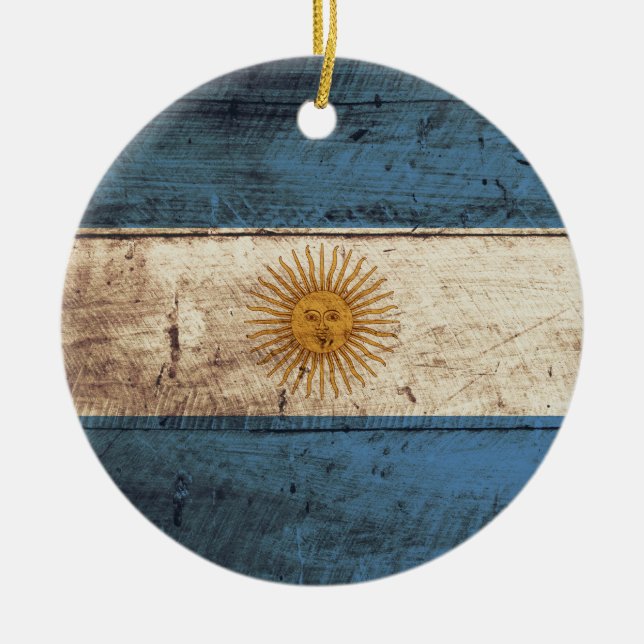 Argentina Flag on Old Wood Grain Ceramic Tree Decoration (Front)