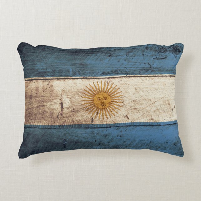 Argentina Flag on Old Wood Grain Decorative Cushion (Front)