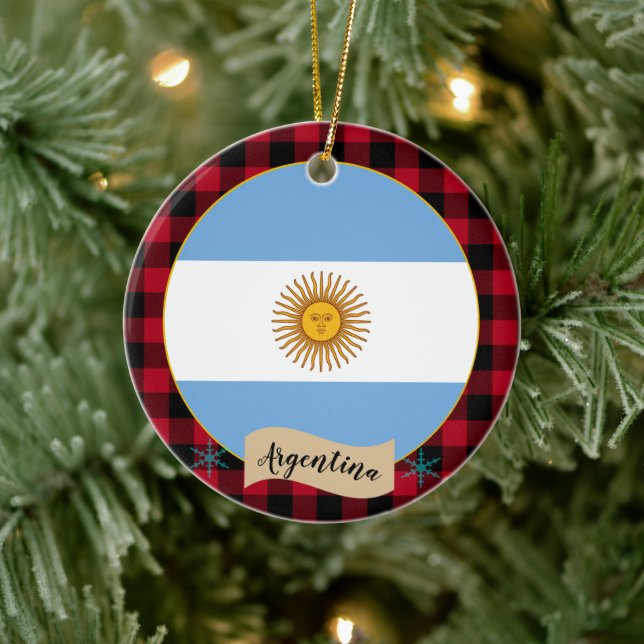Argentina, Red buffalo plaid & Argentina Flag Ceramic Tree Decoration (Tree)
