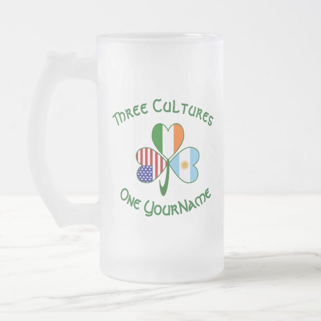 Argentine Irish USA Flags Shamrock Personalised  Frosted Glass Beer Mug (Left)