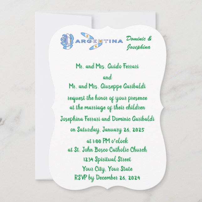 Argentine Rose Flag Personalised Wedding Invitation (Front)