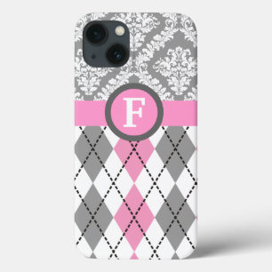 Argyle and damask pattern pink, grey monogram iPhone 13 case