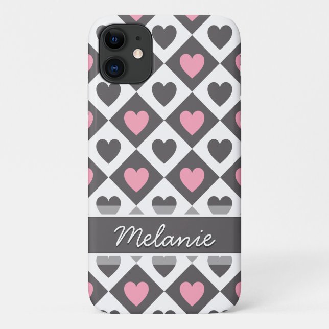 Argyle and Hearts Pattern with Name Case-Mate iPhone Case (Back)