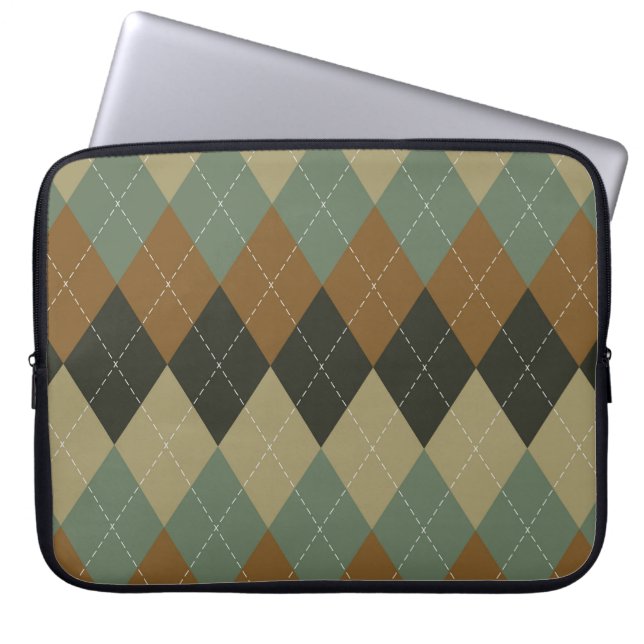 Argyle Autumn: Brown-Green Rhombus Chic Laptop Sleeve (Front)