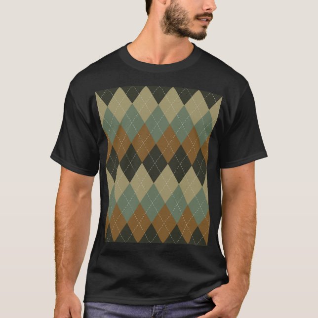 Argyle Autumn: Brown-Green Rhombus Chic T-Shirt (Front)