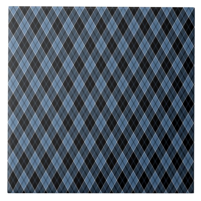 Argyle Blue Black White Stripes Diamond pattern Tile (Front)