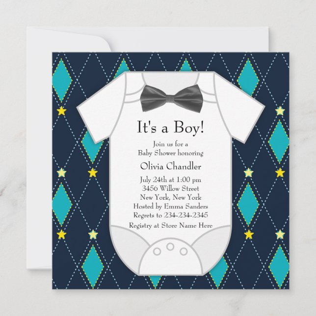 Argyle Blue Yellow Baby Boy Shower Invitation (Front)